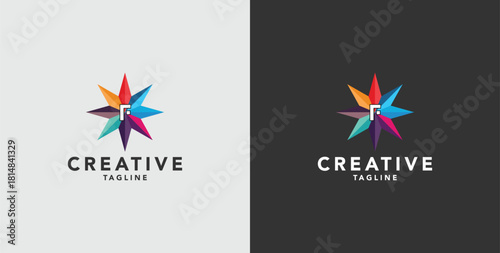 Digital colorful abstract icons, elements and symbols with initial F logo, template