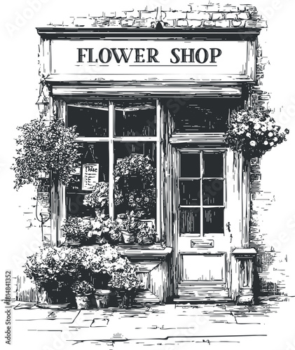 Vintage black and white vector illustration of a charming flower shop storefront with potted plants and floral decor