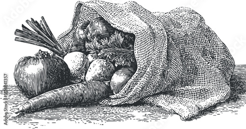 Detailed hand-drawn vector illustration of assorted vegetables in a burlap sack, ideal for organic food packaging and culinary design projects