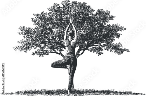Engraved vector illustration of a woman practicing tree pose yoga under a large tree, perfect for wellness and fitness themes