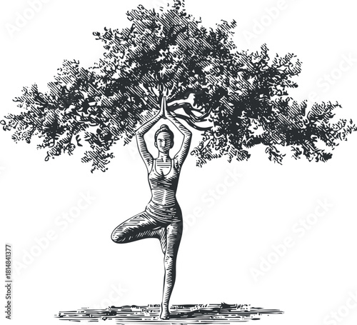 Elegant black and white vector illustration of a woman practicing yoga in a tree pose surrounded by foliage for wellness themes
