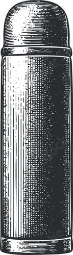 Vintage hand-drawn vector illustration of an insulated thermos container for beverages, ideal for outdoor and travel use