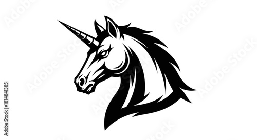 Majestic unicorn head profile in striking black and white illustration.