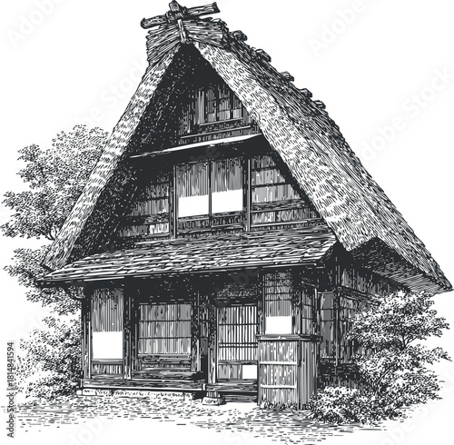 Detailed vintage black and white illustration of a traditional Japanese house with thatched roof and surrounding trees