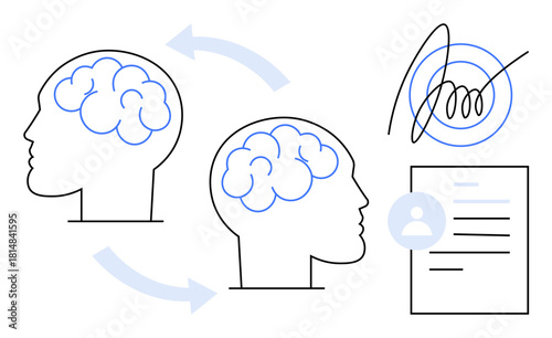 Two brains connected by arrows, symbolizing knowledge sharing, with a signed document indicating agreement. Ideal for teamwork, collaboration, learning, decision-making, education, strategy