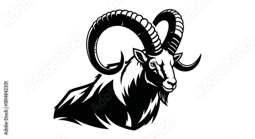 Powerful Ram Head with Horns Black and White Illustration.