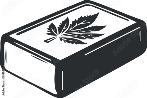 Stylized black and white vector illustration of a cannabis block featuring a leaf design, ideal for health and wellness branding