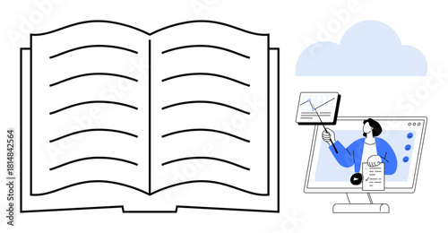 Digital learning. Visual of an open book paired with a modern online presenter signifies advancements in digital learning. Digital learning enhances knowledge sharing and virtual education. Suitable