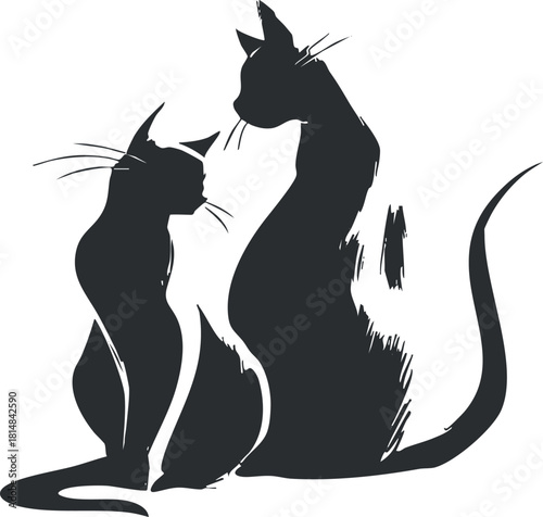 Stylized black silhouette vector illustration of two affectionate cats showcasing companionship and love, ideal for pet-themed designs