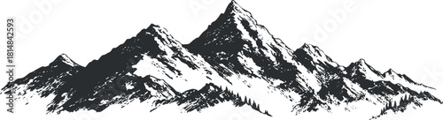 Stylized black and white vector illustration of mountain peaks, ideal for outdoor and adventure-themed designs