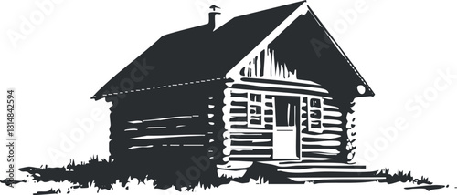 Rustic black and white vector illustration of a log cabin, ideal for nature and home design projects