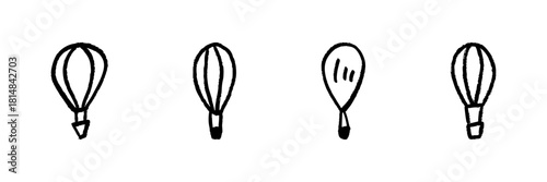 Hot Air Balloon Line Icon Set In Doodle Style. Adventure, Travel, And Exploration Outline Sketch Collection. Hand Drawn Isolated Vector Illustration