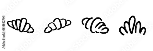 Croissant Line Icon Set In Doodle Style. French Pastry, Bakery, And Breakfast Food Outline Sketch Collection. Hand Drawn Isolated Vector Illustration