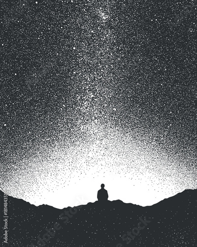 Minimalist black and white vector illustration of a silhouette of a man gazing at a starry sky, symbolizing solitude and contemplation.