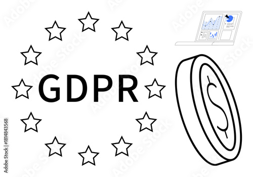 GDPR text encircled by EU stars, a coin, and a data analysis screen. Ideal for data protection, compliance, privacy, cybersecurity, policy regulation digital finance. Simple flat metaphor