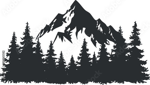 Silhouette vector illustration of a mountain landscape with a dense forest, ideal for nature-themed designs and outdoor branding