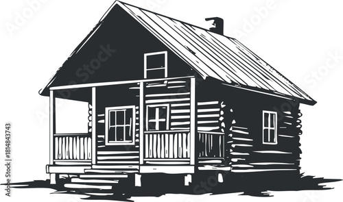 Rustic black and white vector illustration of a wooden log cabin with a porch, ideal for home design and nature themes