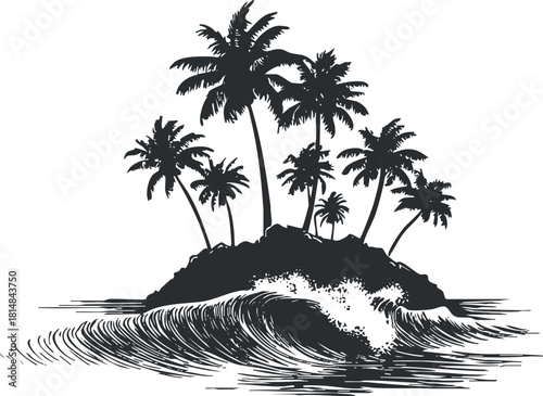 Black and white vector illustration of a tropical island with palm trees and waves, ideal for beach-themed design projects