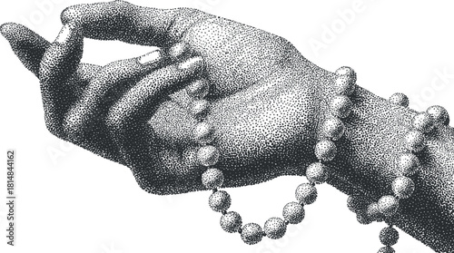 Detailed black and white vector illustration of a hand holding prayer beads, ideal for spiritual and religious design concepts