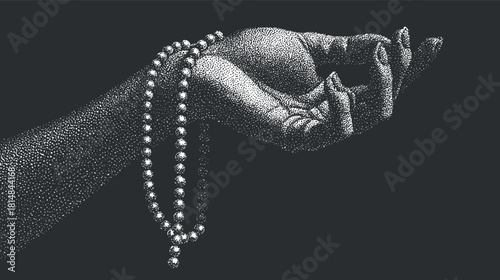 Elegant hand holding a string of pearls in a minimalist black and white vector illustration for fashion and jewelry design.