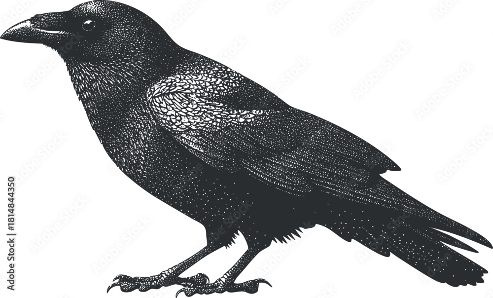 Obraz premium Detailed black and white vector illustration of a crow, suitable for nature-themed projects and artistic designs