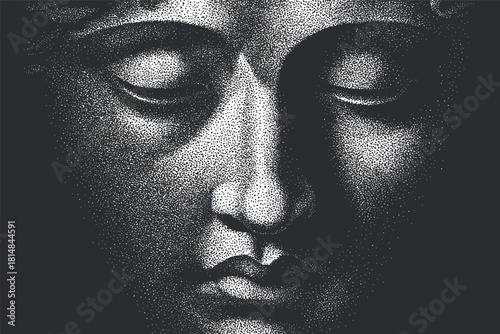 Monochrome vector illustration of a stylized face with abstract features, suitable for contemporary art projects and design.