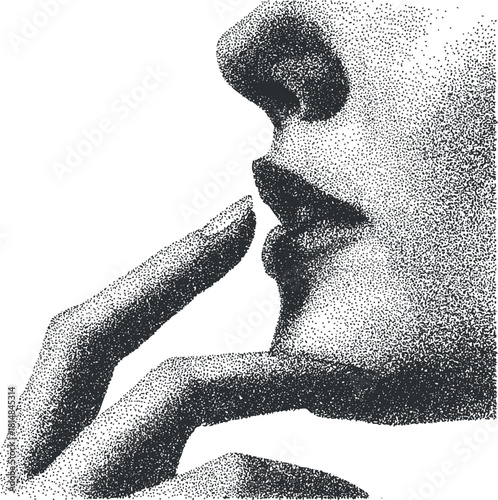 Stylized vector illustration of a female profile with a hand gesture, showcasing minimalist halftone art style for beauty and fashion design projects