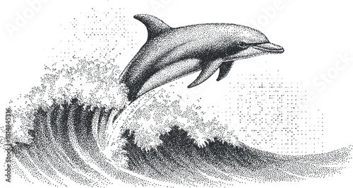 Stylized black and white vector illustration of a dolphin jumping over ocean waves, suitable for marine-themed design projects.