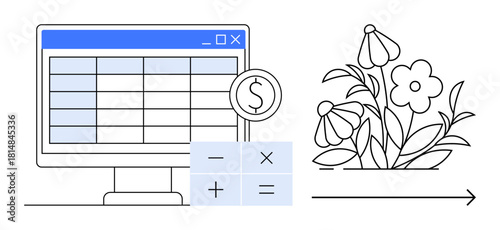 Spreadsheet tool and calculator for budget analysis combined with growing plants illustrating economic progress. Ideal for finance, budgeting, analytics, growth, strategy, sustainability, success