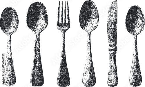 Hand-drawn black and white vector illustration of a collection of kitchen cutlery including spoons, fork, and knife for culinary design projects