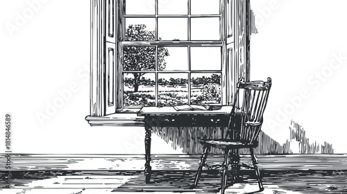 Hand-drawn black and white illustration of a cozy interior featuring a chair and table by a window with a scenic view.