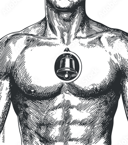 Vintage style vector illustration featuring a muscular male torso with a bell symbol on the chest, ideal for health and wellness concepts