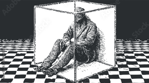 Monochrome vector illustration depicting a figure sitting in a transparent cube, symbolizing isolation and mental confinement.