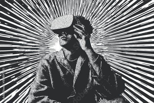 Stylized black and white vector illustration of a person wearing a virtual reality headset, representing technology and digital innovation
