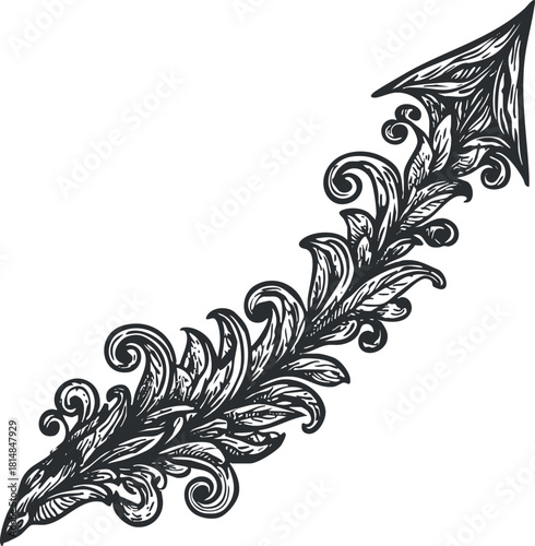 Ornate vintage vector illustration of a decorative arrow with elaborate floral patterns for artistic design projects