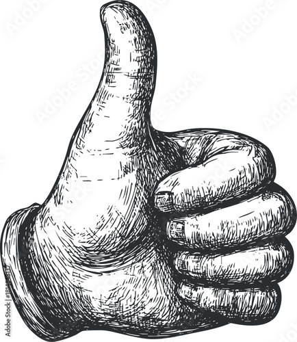 Hand-drawn vector illustration of a thumbs up gesture in a vintage sketch style, ideal for communication and approval concepts
