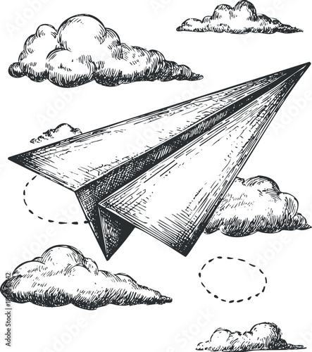 Hand-drawn vector illustration of a paper airplane flying among fluffy clouds, perfect for travel-themed projects and creative designs