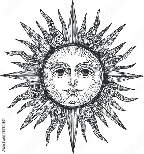 Hand-drawn black and white vector illustration of a radiant sun with a serene face, perfect for nature-themed designs and artwork.