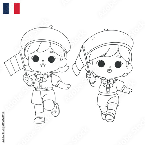 Illustration of two children in stereotypical French attire, including red berets. They are both holding French flag

