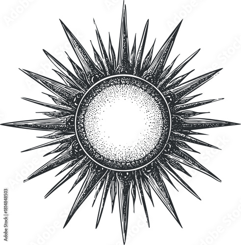 Vintage black and white vector illustration of a radiant sun symbol with intricate spikes for decorative design projects