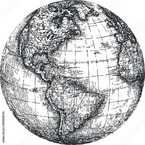 Vintage black and white vector illustration of a detailed globe featuring continents and grid lines, suitable for educational or travel-themed designs