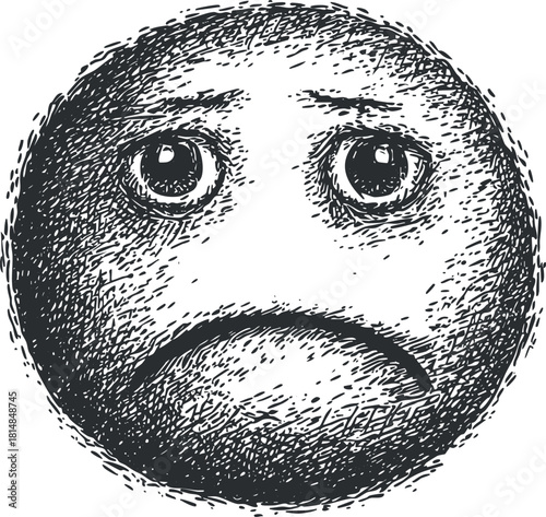 Hand-drawn vector illustration of a sad emoticon featuring large eyes and a frowning mouth, ideal for expressing emotions in design projects.