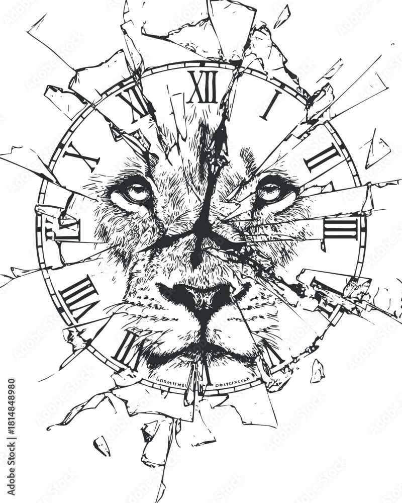 Obraz premium Intricate black and white vector illustration of a lion's face within a shattered clock, symbolizing the passage of time.