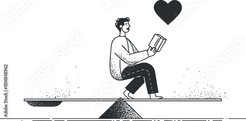 Minimalist black and white vector illustration of a man reading a book, symbolizing love and balance in life.