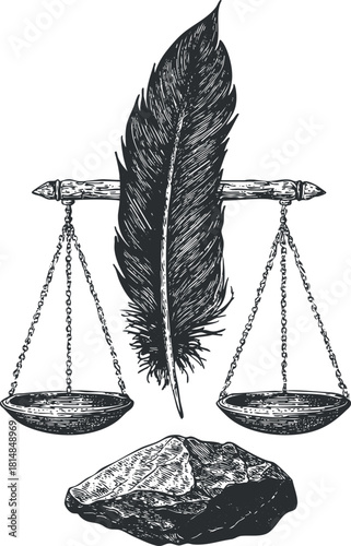 Detailed black and white vector illustration of scales of justice with a feather and a rock, symbolizing law and fairness