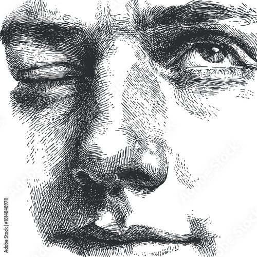 Detailed ink sketch illustration of a human face featuring a close-up of an eye and winking expression
