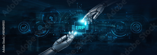 Bilde på lerret Hold on, robot hands streamline ERP and futuristic interface, centralizing data