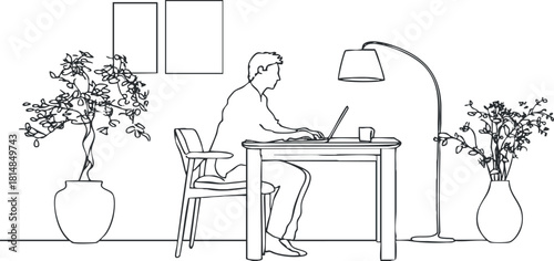 Minimalist line art illustration of a home office scene featuring a person working at a desk with plants and a lamp.