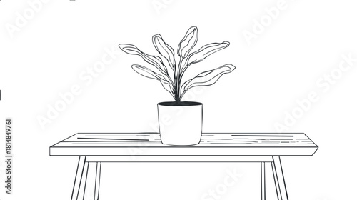 Minimalist line art illustration of a potted plant on a wooden table, ideal for interior design projects