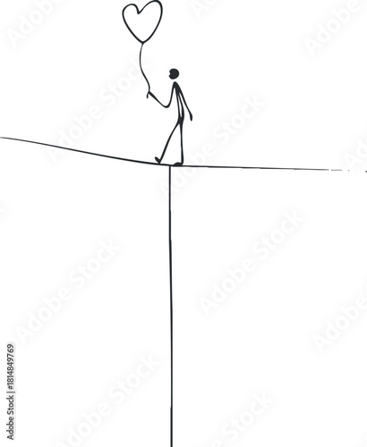 Minimalist black and white vector illustration of a stick figure balancing on a line while holding a heart-shaped balloon, symbolizing love and freedom